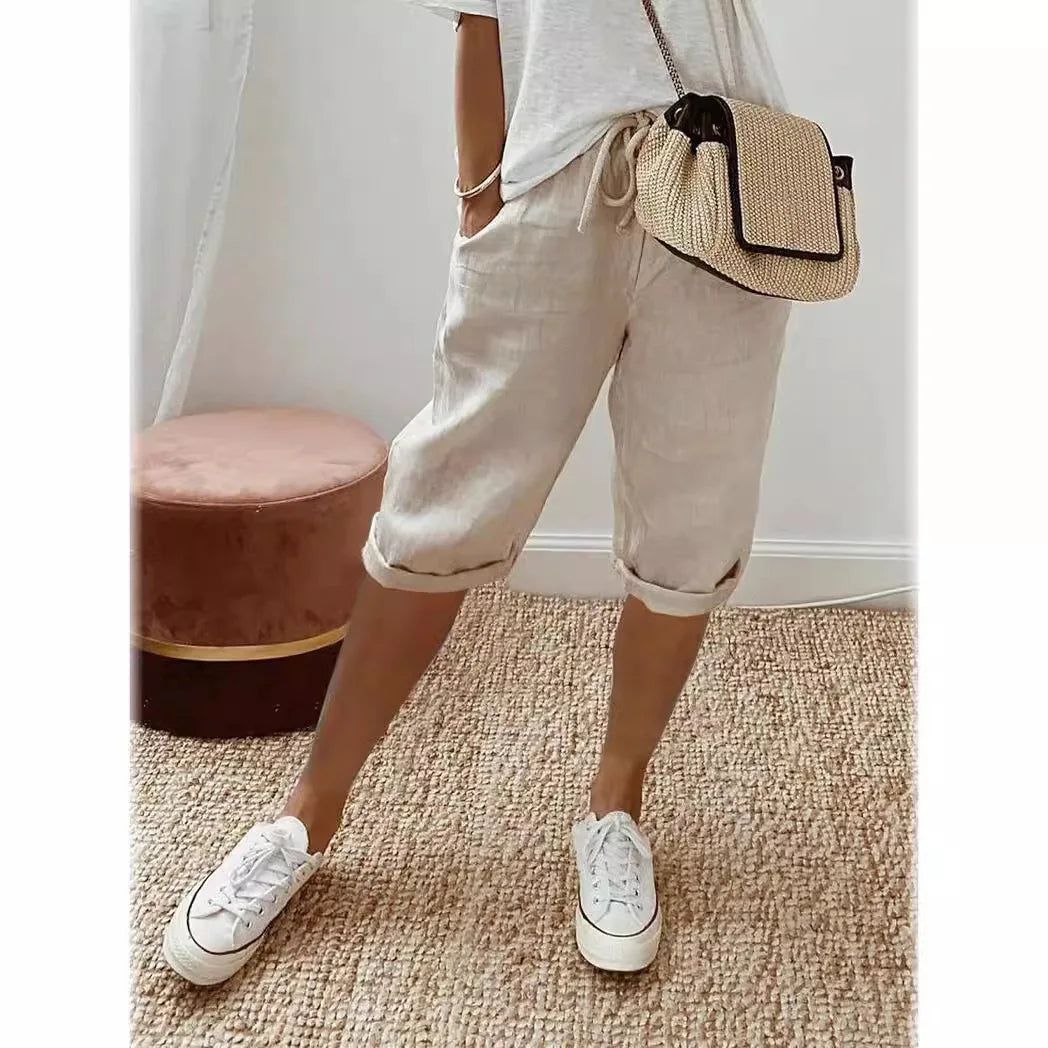 Shorts Women summer cotton linen elastic waist pocket elastic casual pants five quarter women's clothing YRW911