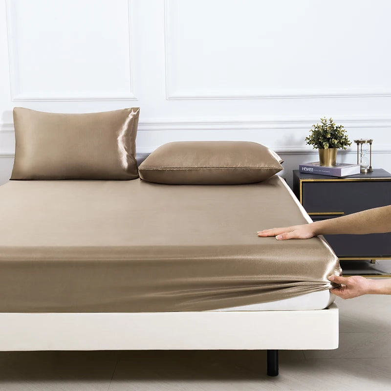 3pc Solid Color Fitted Sheet Set 1 bed sheet with 2 pillow cover Satin Fabric Soft Comfortable Breathble Bedding Set for Bedroom
