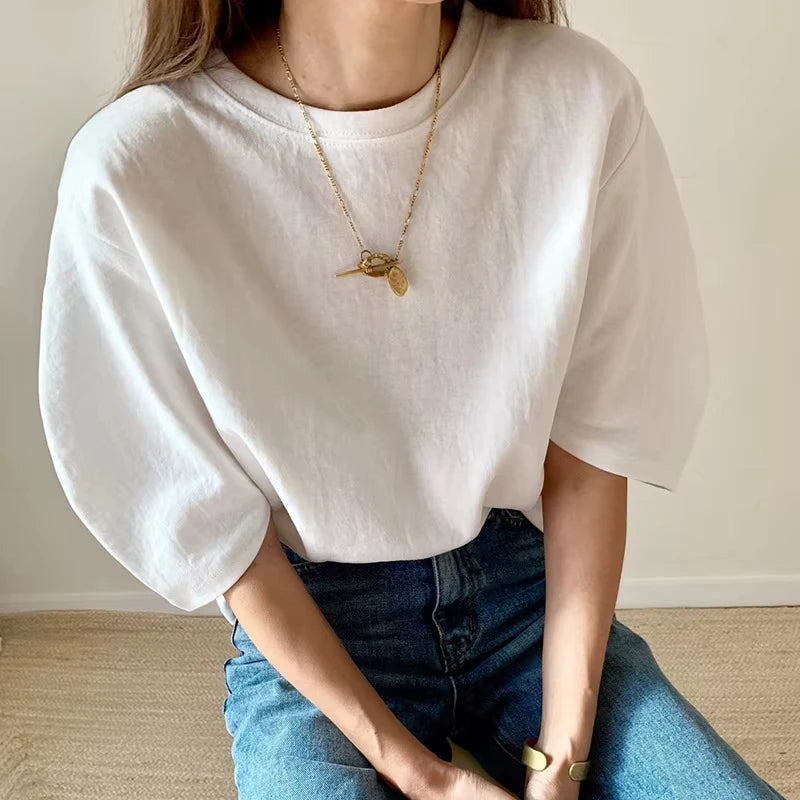 Cotton 2025 New Summer T-shirt Women's Elastic Women's Clothing Oversized Top White T-shirt Loose Women's Short-sleeved T-shirt
