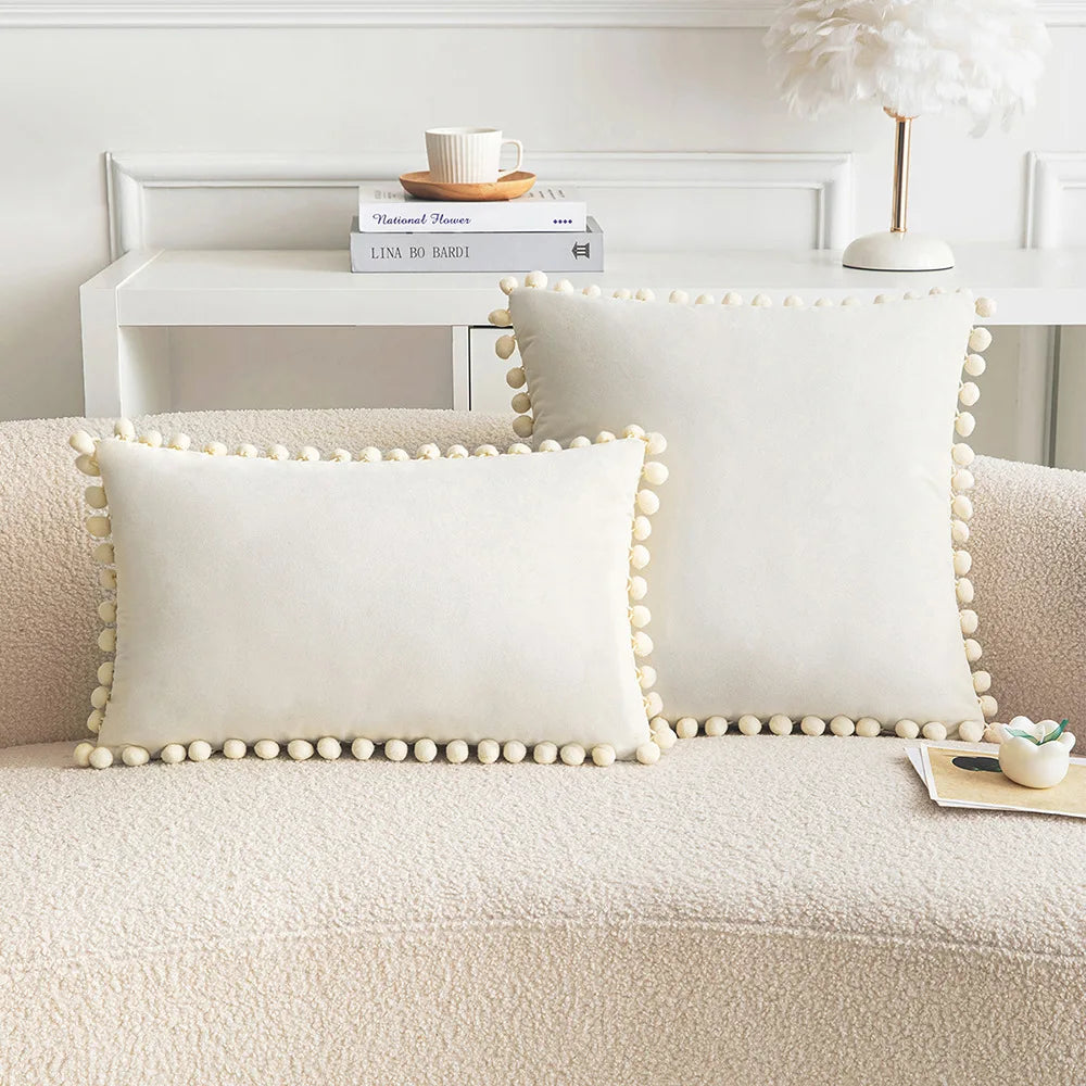 Velvet Throw Pillow Cover with Cute Pompom 30x50cm 45x45cm 50x50cm European Luxury Cushion Case for Christmas Gift Pillow Cover