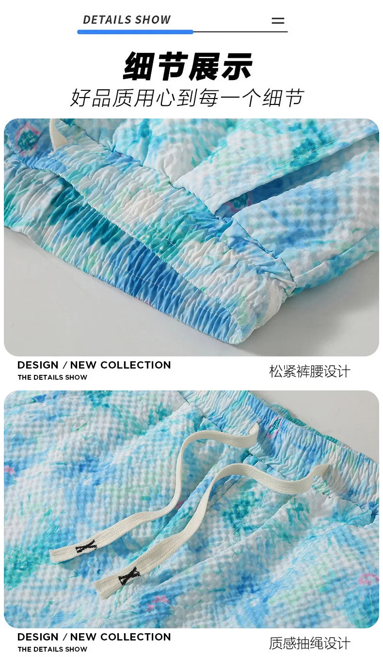 Casual Seersucker Texture Shorts Quick-Dry Breathable Straight Elastic Waist Printing Street Vacation Shorts Loose Fit Shorts