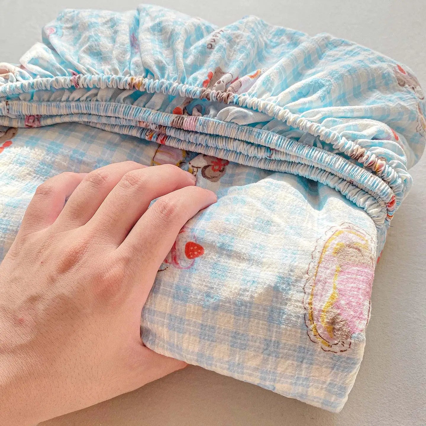 Washed Cotton Fitted Sheet with Elastic Bands Non Slip Adjustable Mattress Cover Printed  Pure Cotton  for Double King Queen