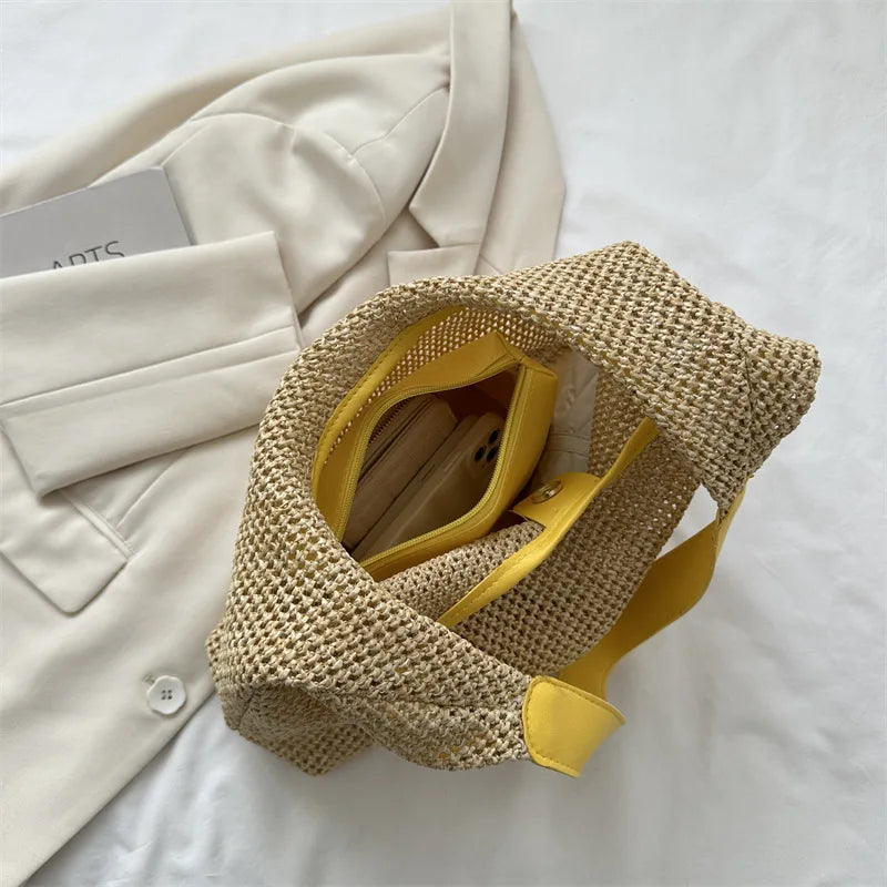 Casual Beach Summer Popular Woven Mother-in-law Bag 2024 Fashionable One-shoulder Seaside Travel Beach Straw Bag Drop Shipping