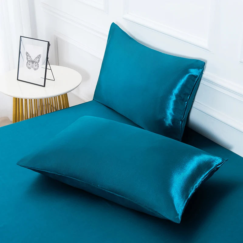 3pc Solid Color Fitted Sheet Set 1 bed sheet with 2 pillow cover Satin Fabric Soft Comfortable Breathble Bedding Set for Bedroom