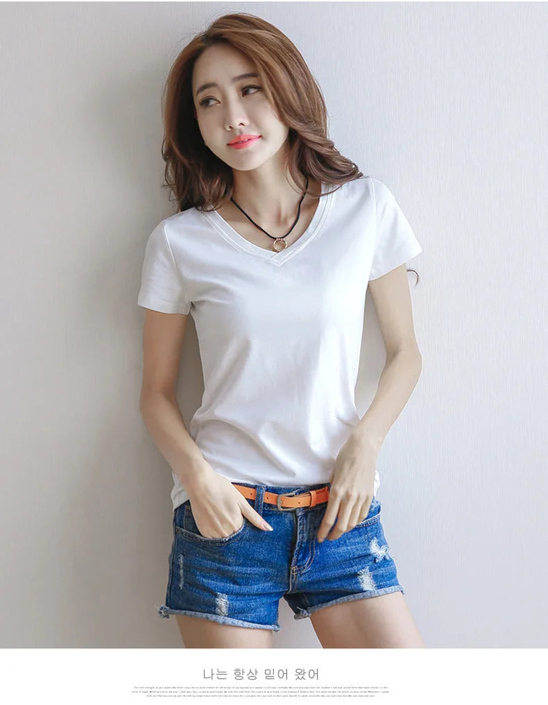 Spring Summer Women Cotton T-shirt Black V-Neck Short Sleeve Female Tee Slim White T-Shirt Casual Solid Lady Tshirt Tops