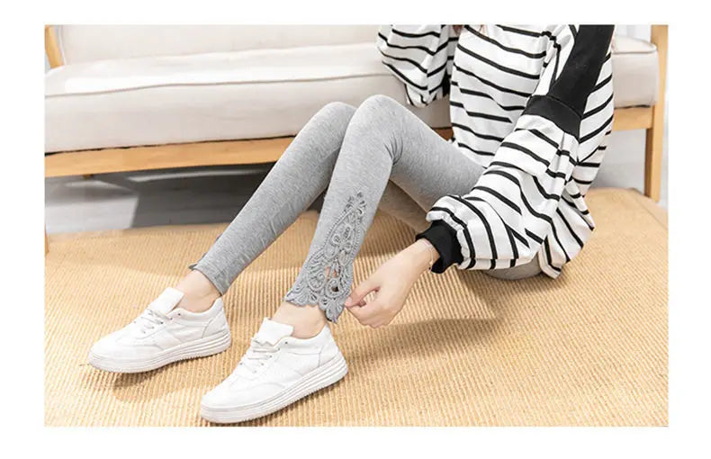 Women Fashion Solid Contrast Lace Skinny Leggings Ultra-Comfortable All-Season Essential for Women Womens Clothing