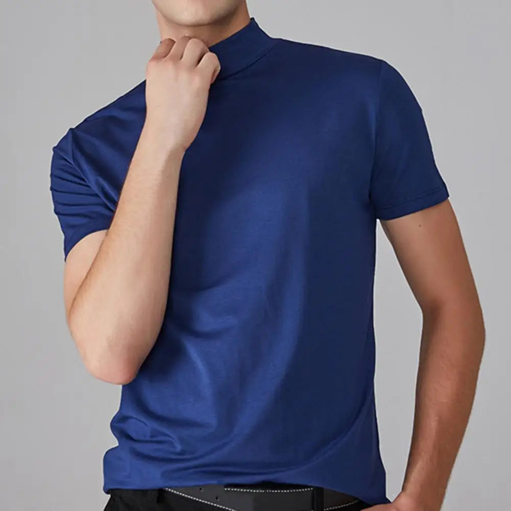 Men Half High Collar Slim Fit T-shirt Summer Casual Short Sleeve Solid Color Elastic Thin Pullover Tee Shirt Half Turtleneck Top