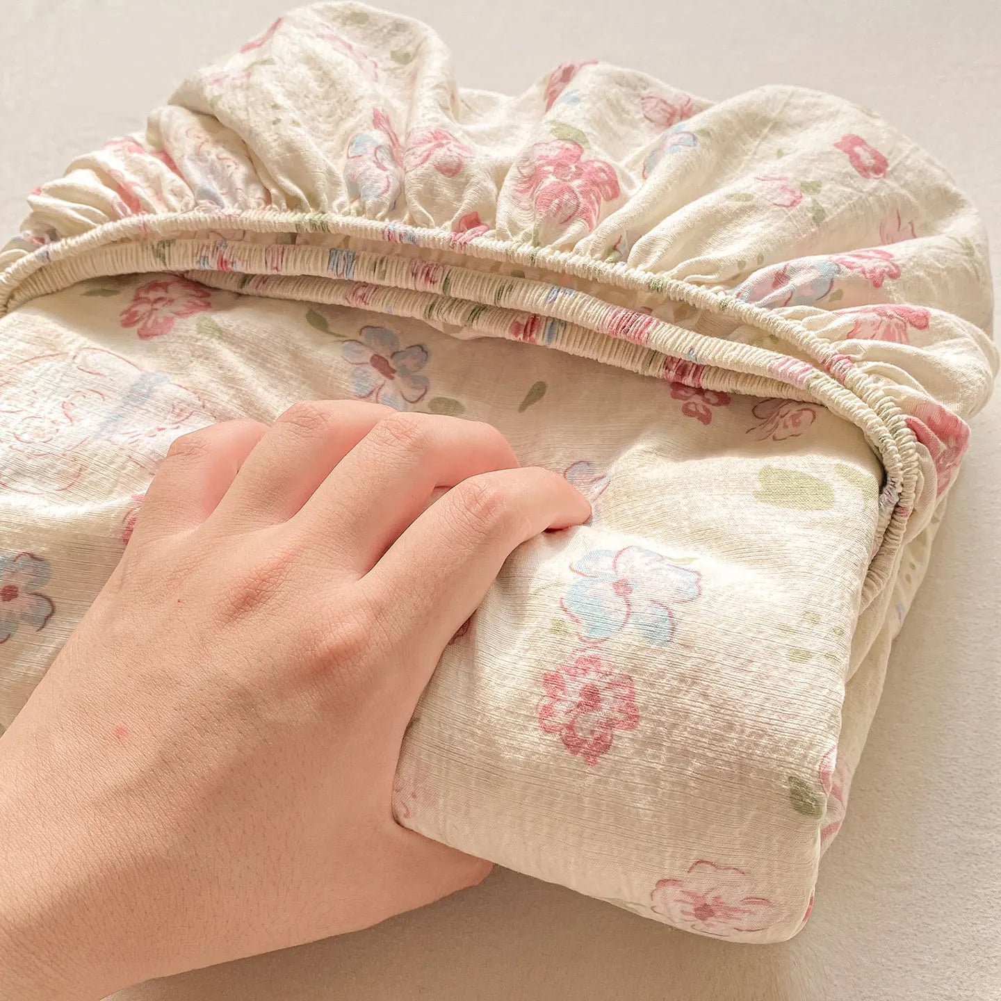 Washed Cotton Fitted Sheet with Elastic Bands Non Slip Adjustable Mattress Cover Printed  Pure Cotton  for Double King Queen