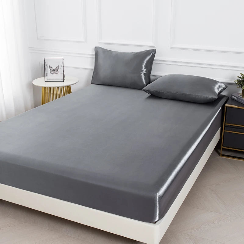 3pc Solid Color Fitted Sheet Set 1 bed sheet with 2 pillow cover Satin Fabric Soft Comfortable Breathble Bedding Set for Bedroom