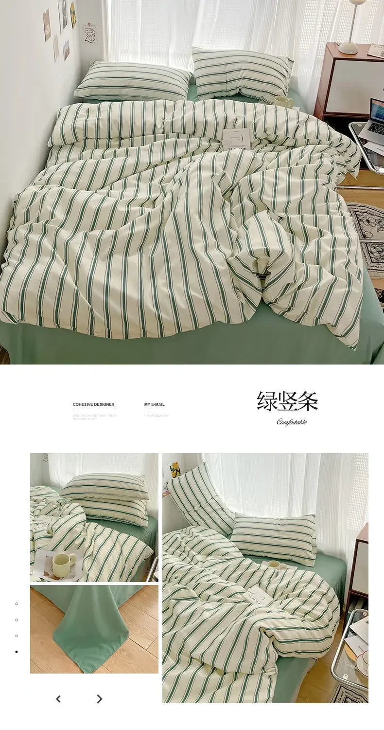 Simple Style Red And Blue Strip Duvet Cover Set Bed Sheet Set Washed Cotton Bedding Set