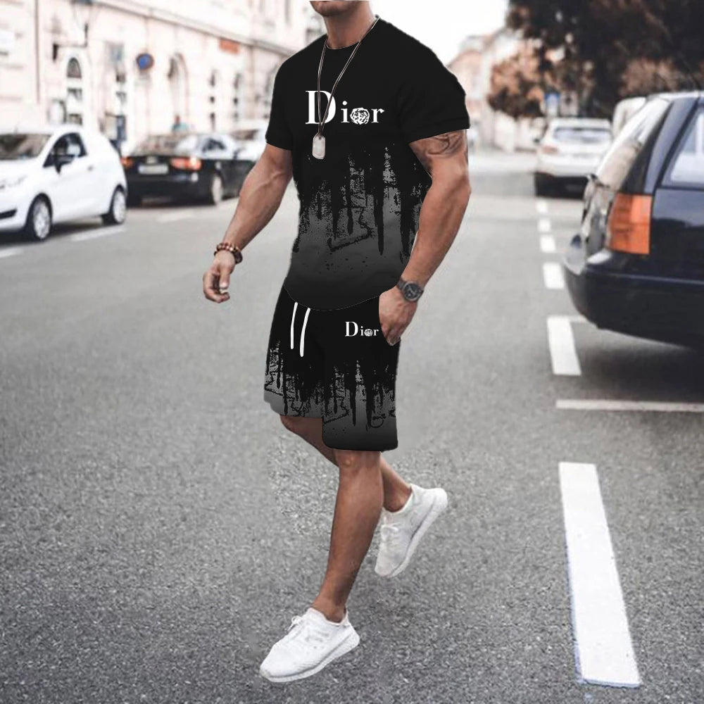 2026 Fashion Summer T Shirt Set for Men StripedPrint Men's T-shirt Short Sleeve+Shorts 2-Piece Set Oversized Casual Sport Suit