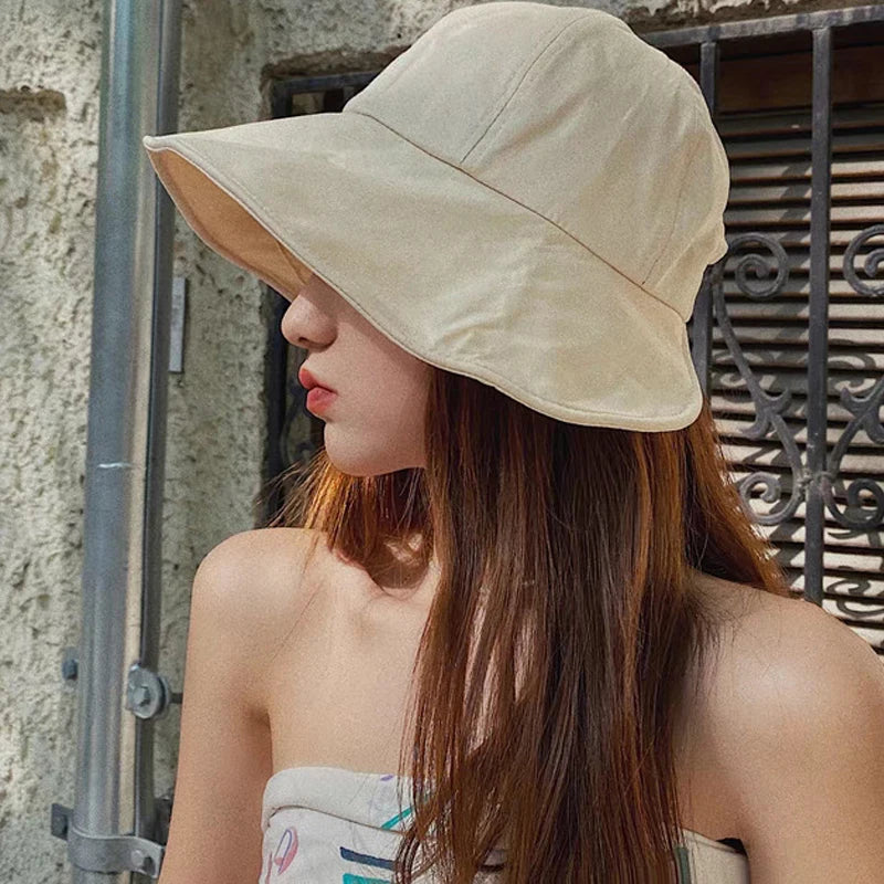 Women Summer Sunhat Cotton Ponytail Bucket Hat Outdoor Beach Adjustable Sun Visor Hats Solid Color Foldable Panama Fisherman Cap