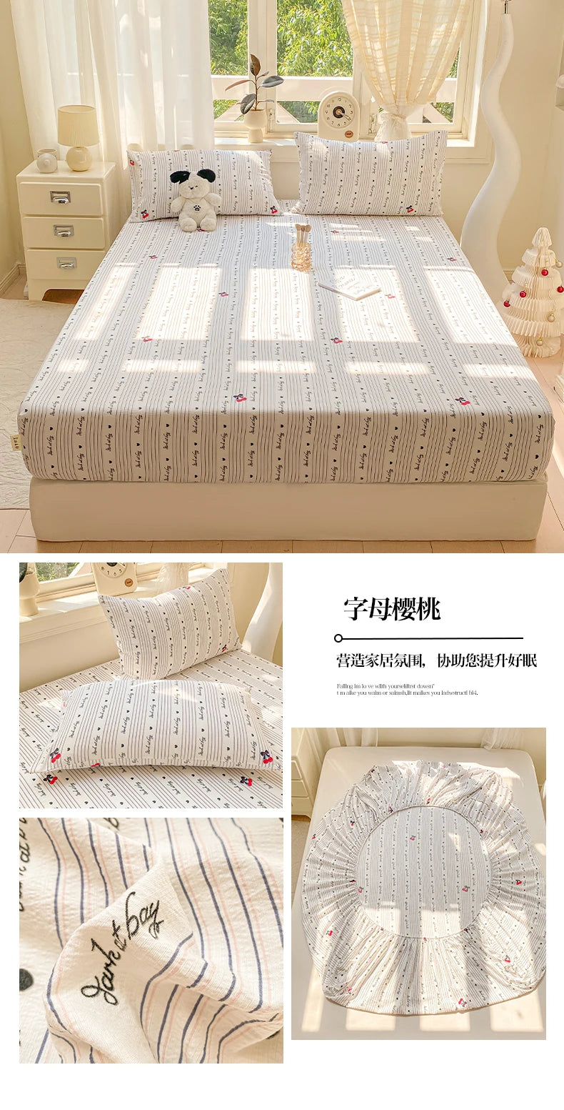 Washed Cotton Fitted Sheet with Elastic Bands Non Slip Adjustable Mattress Cover Printed  Pure Cotton  for Double King Queen