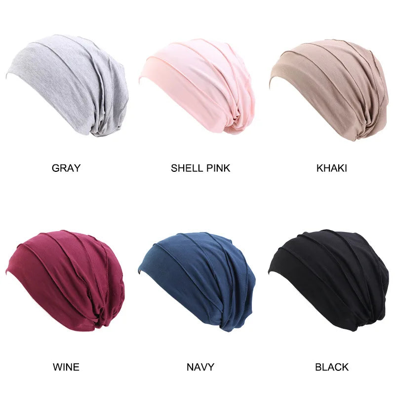 Women Stretch Beanie Chemo Cotton Hair Turban Hat Double-layer Soft Satin Lining Crinkled Hijab Inner Hijab Caps
