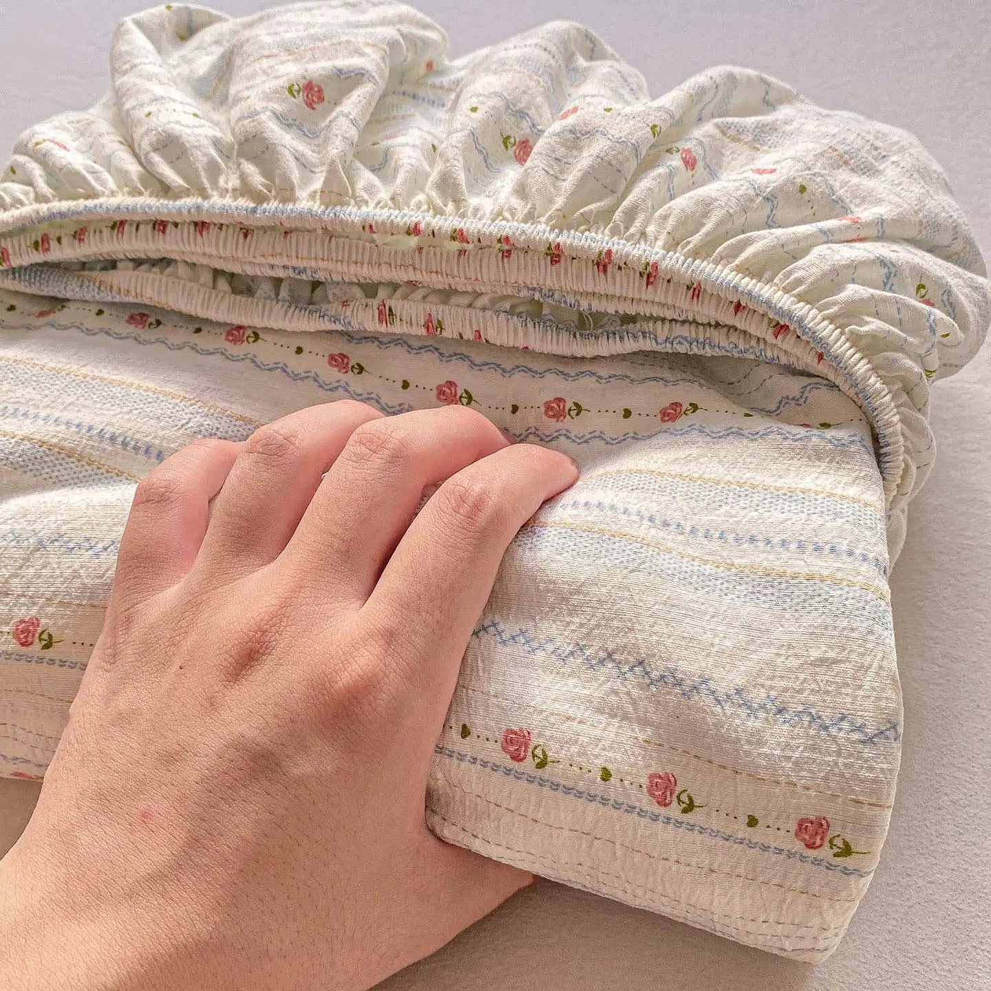 Washed Cotton Fitted Sheet with Elastic Bands Non Slip Adjustable Mattress Cover Printed  Pure Cotton  for Double King Queen