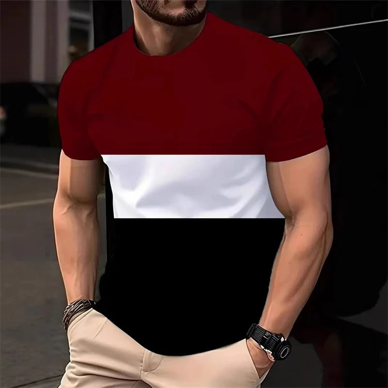 Fashion Simple Wide Stripes T Shirts For Men Summer Casual 3D Printed Contrasting Colors polyester T-shirts StreetwearTops Tees
