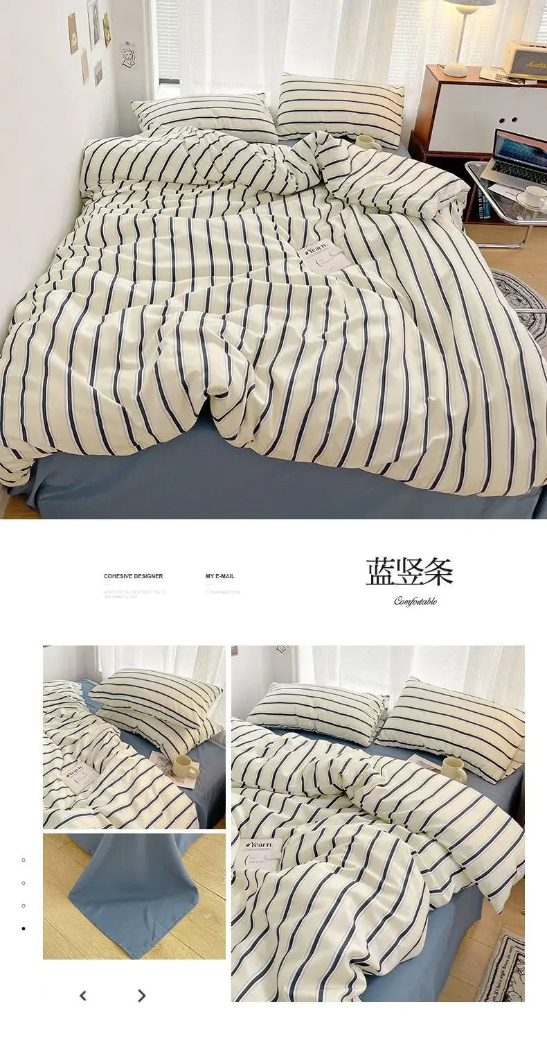 Simple Style Red And Blue Strip Duvet Cover Set Bed Sheet Set Washed Cotton Bedding Set