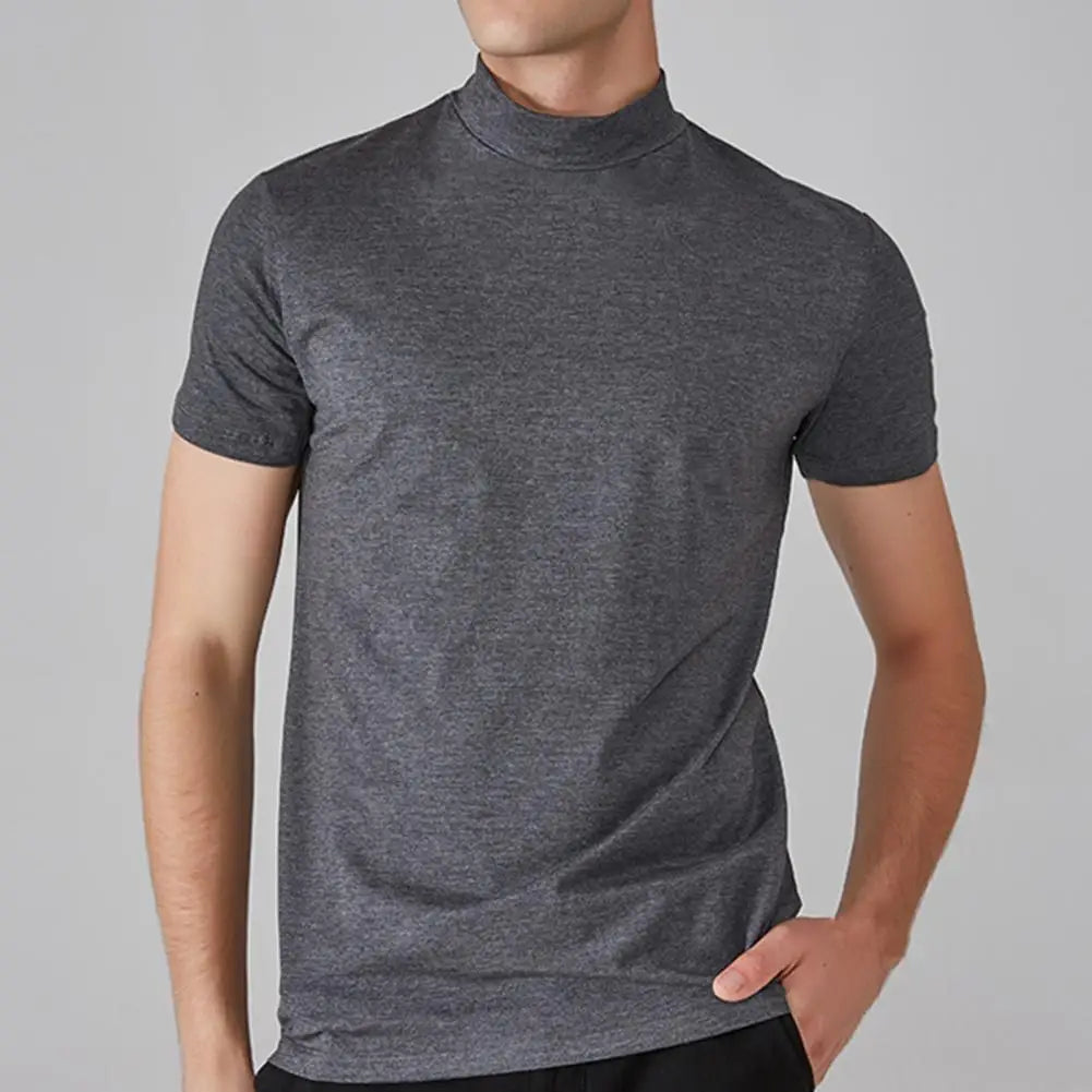 Men Half High Collar Slim Fit T-shirt Summer Casual Short Sleeve Solid Color Elastic Thin Pullover Tee Shirt Half Turtleneck Top