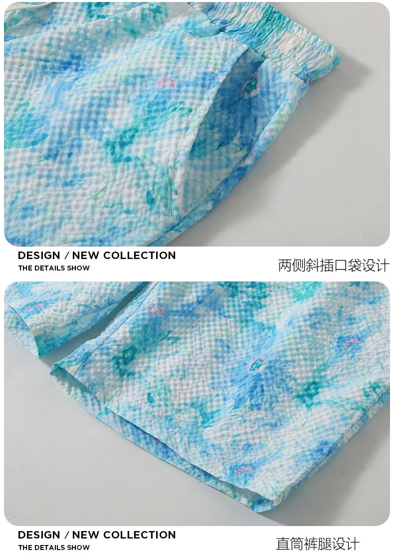 Casual Seersucker Texture Shorts Quick-Dry Breathable Straight Elastic Waist Printing Street Vacation Shorts Loose Fit Shorts