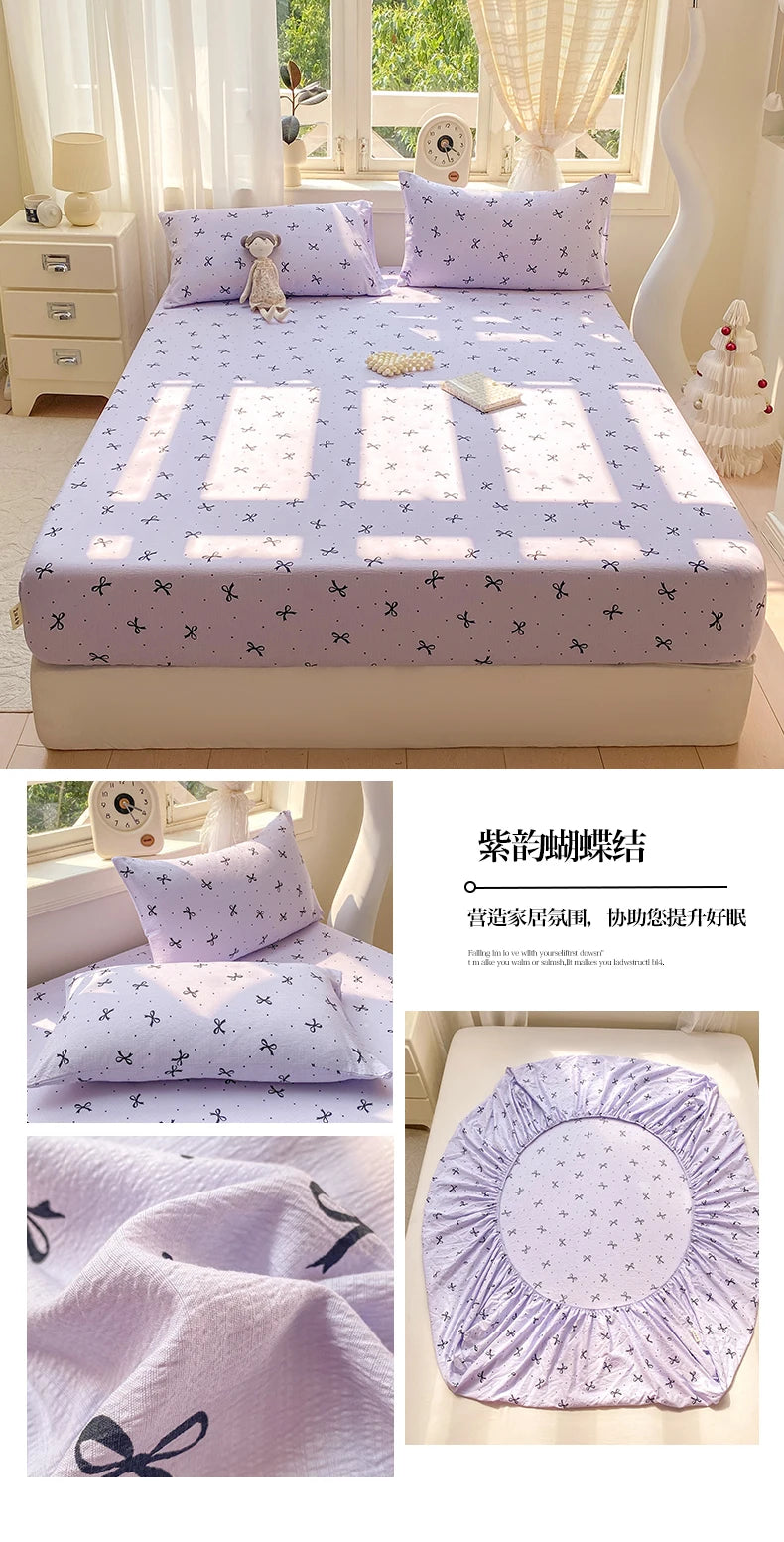 Washed Cotton Fitted Sheet with Elastic Bands Non Slip Adjustable Mattress Cover Printed  Pure Cotton  for Double King Queen