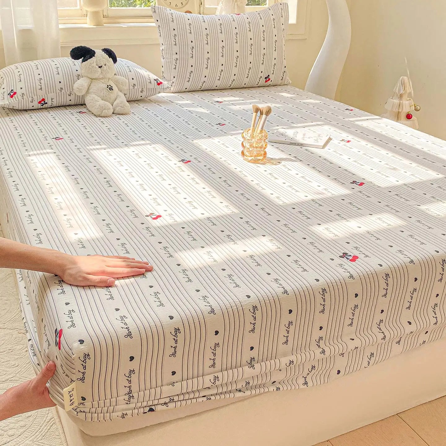 Washed Cotton Fitted Sheet with Elastic Bands Non Slip Adjustable Mattress Cover Printed  Pure Cotton  for Double King Queen