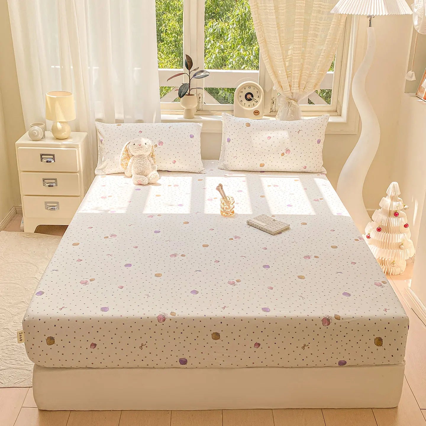 Washed Cotton Fitted Sheet with Elastic Bands Non Slip Adjustable Mattress Cover Printed  Pure Cotton  for Double King Queen