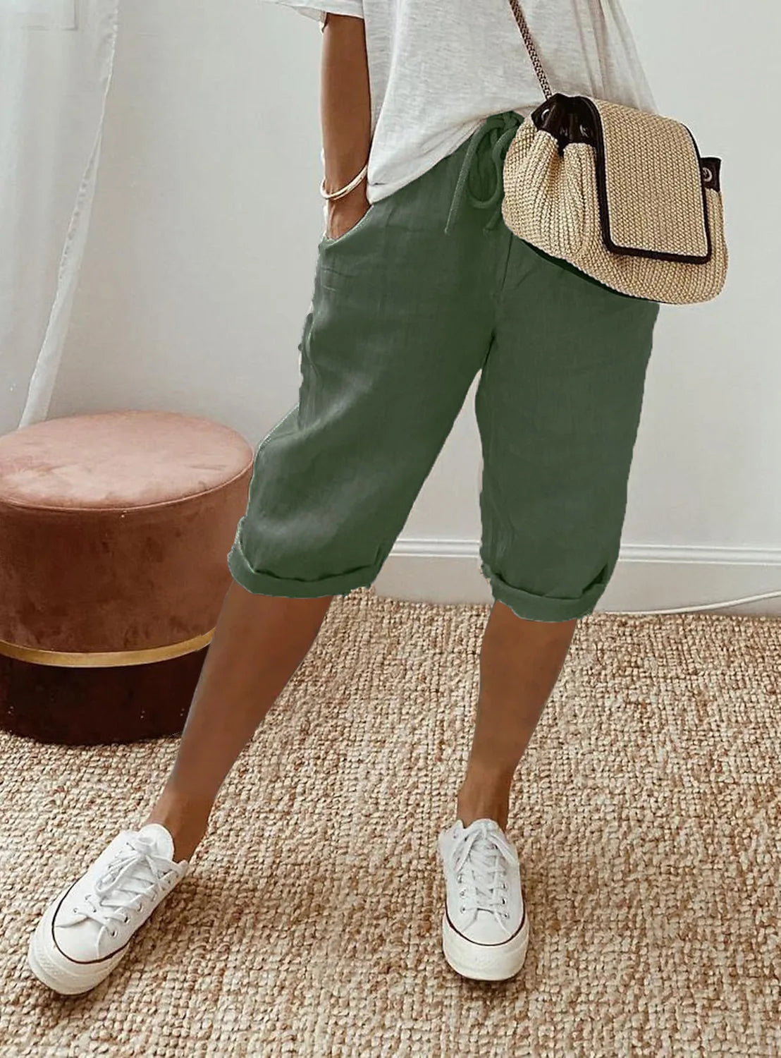 Shorts Women summer cotton linen elastic waist pocket elastic casual pants five quarter women's clothing YRW911