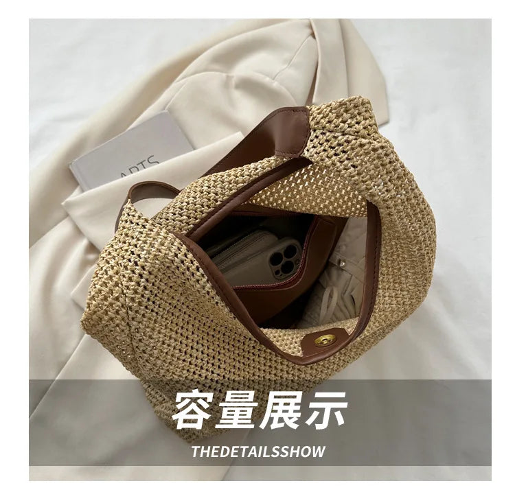 Casual Beach Summer Popular Woven Mother-in-law Bag 2024 Fashionable One-shoulder Seaside Travel Beach Straw Bag Drop Shipping
