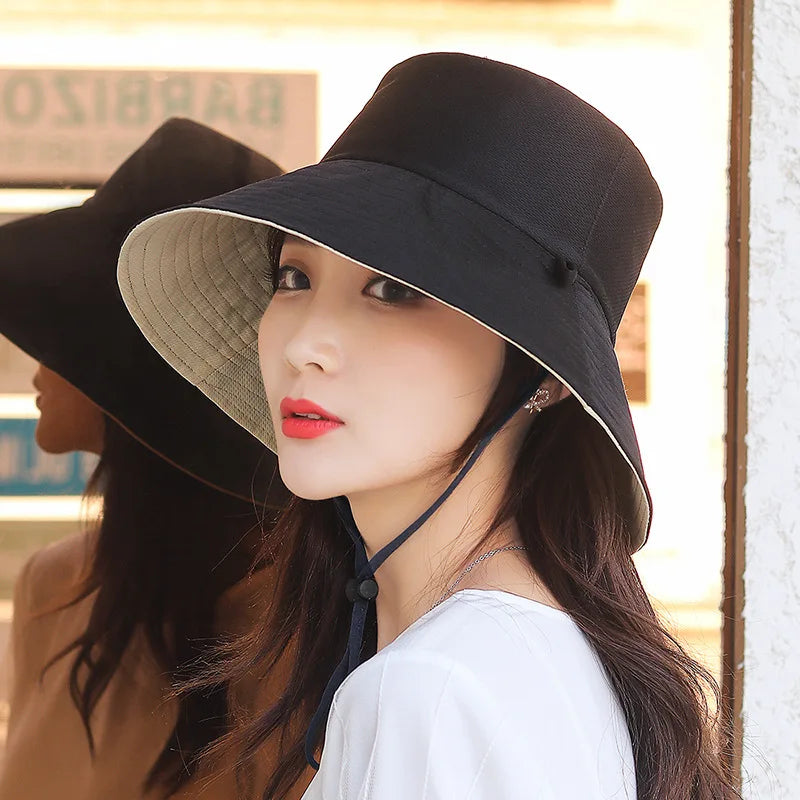 Wide Brim Women Double-sided Wear Bucket Hat Outdoor Foldable Sun Visor Panama Hats Girls Beach Travel Portable Fisherman Cap