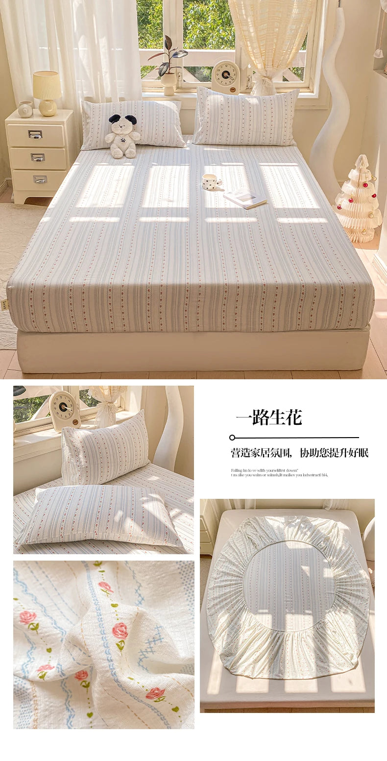 Washed Cotton Fitted Sheet with Elastic Bands Non Slip Adjustable Mattress Cover Printed  Pure Cotton  for Double King Queen