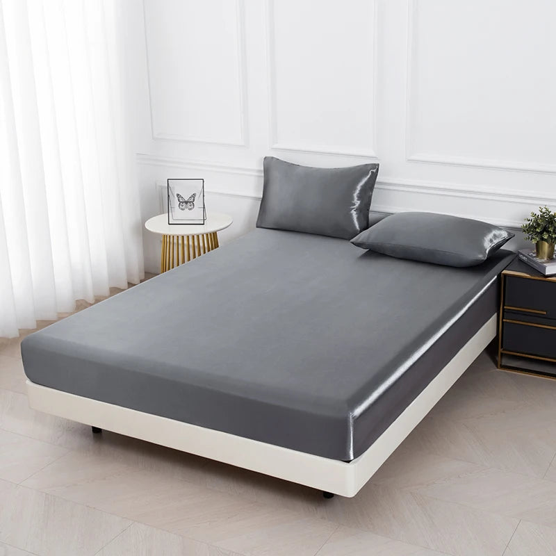 3pc Solid Color Fitted Sheet Set 1 bed sheet with 2 pillow cover Satin Fabric Soft Comfortable Breathble Bedding Set for Bedroom