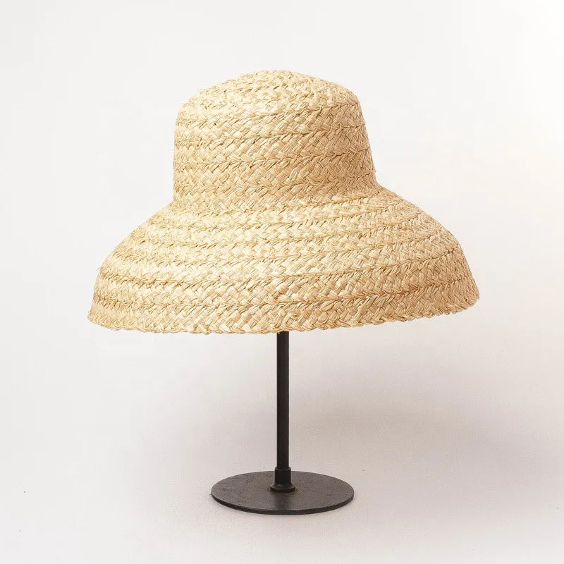 Hand-knitted Sun Hats Raffia Retro Summer Travel Sunscreen Beach Vacation Straw Hat with Lacing for Children Adult Holidays