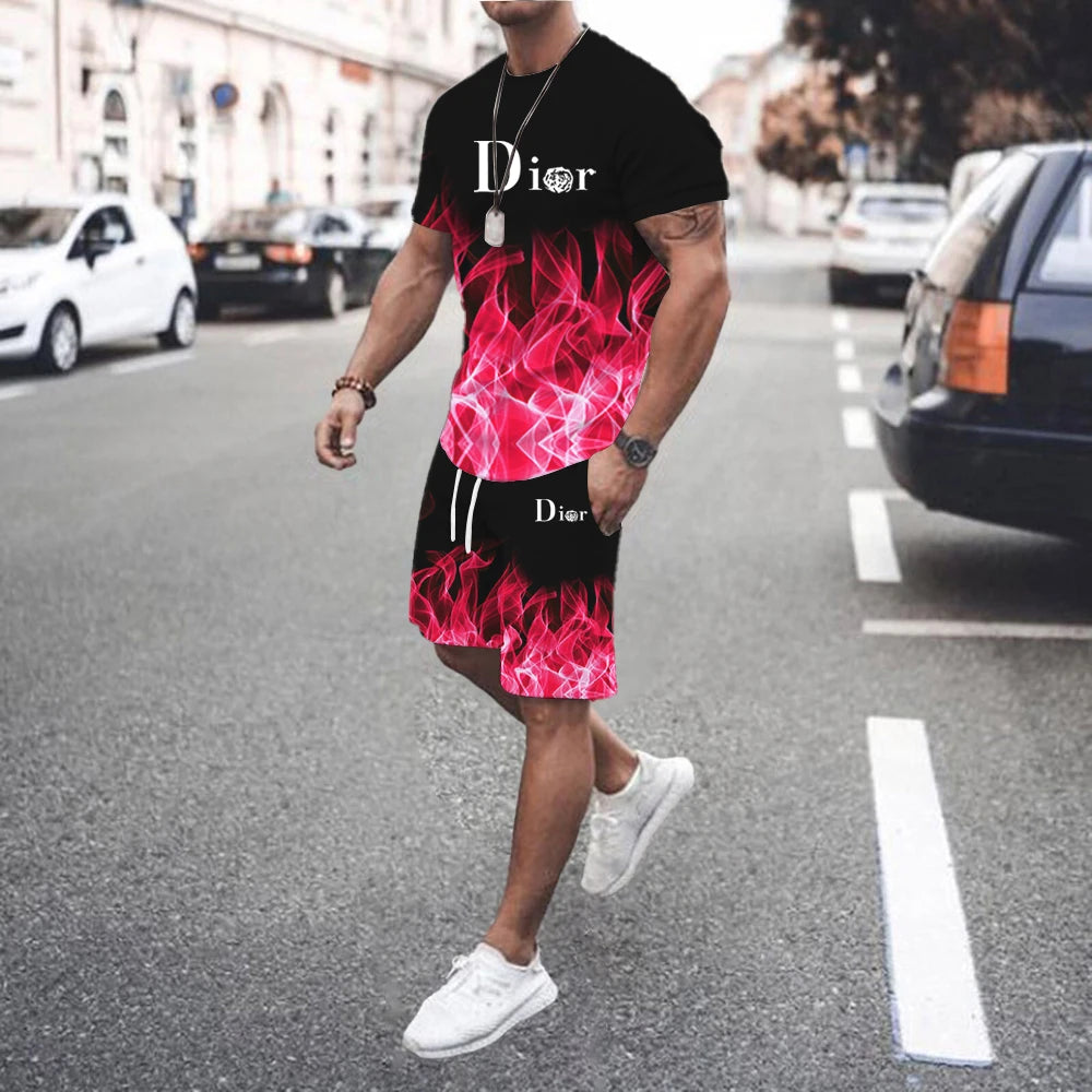 2026 Fashion Summer T Shirt Set for Men StripedPrint Men's T-shirt Short Sleeve+Shorts 2-Piece Set Oversized Casual Sport Suit