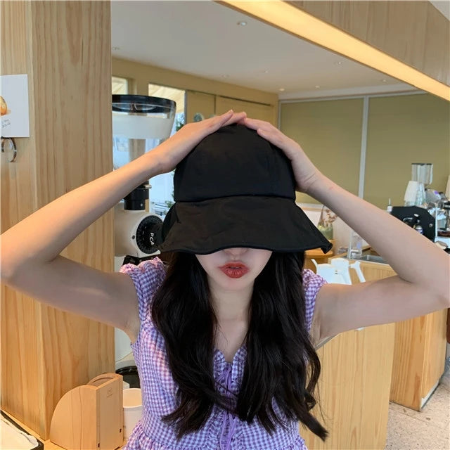 Women Summer Sunhat Cotton Ponytail Bucket Hat Outdoor Beach Adjustable Sun Visor Hats Solid Color Foldable Panama Fisherman Cap