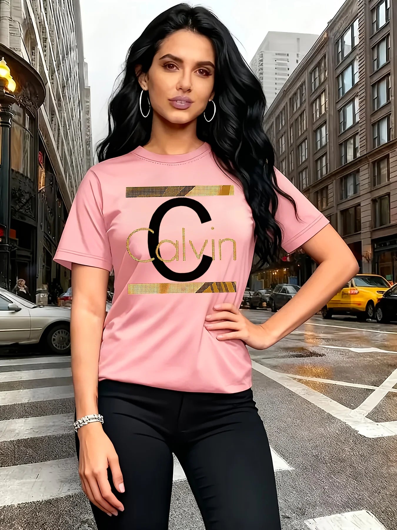 Calvin Letter Print Women's Tee - Gold Graphic Green Casual Top