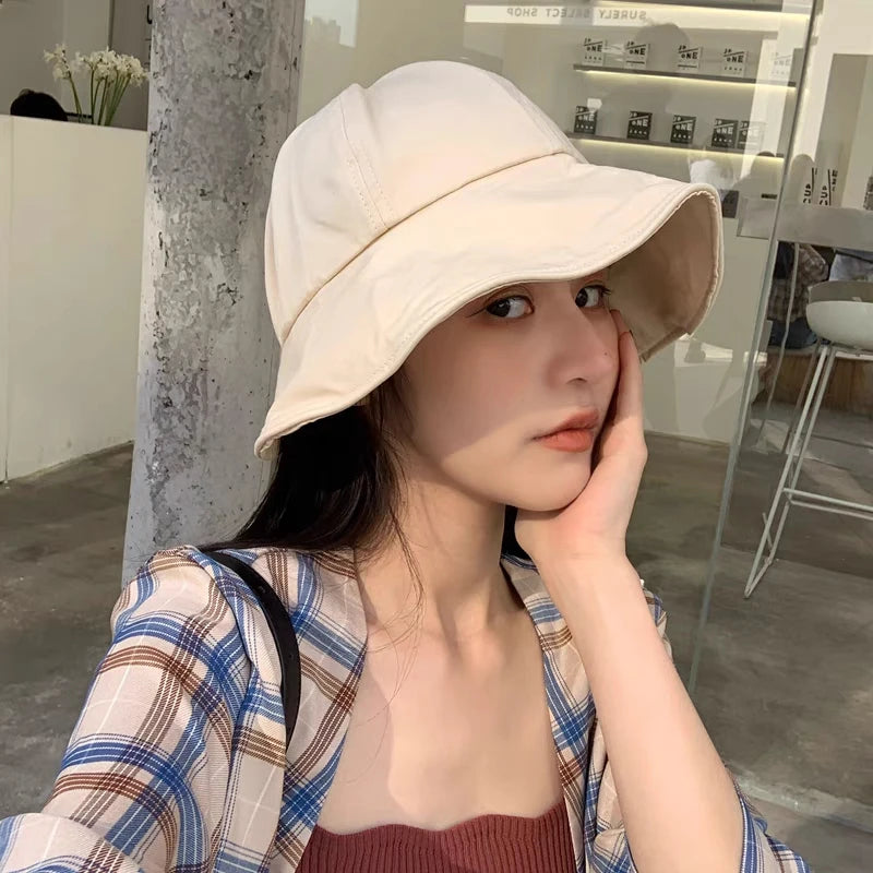 Women Summer Sunhat Cotton Ponytail Bucket Hat Outdoor Beach Adjustable Sun Visor Hats Solid Color Foldable Panama Fisherman Cap