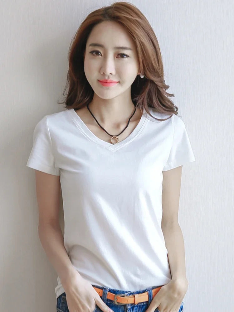 Spring Summer Women Cotton T-shirt Black V-Neck Short Sleeve Female Tee Slim White T-Shirt Casual Solid Lady Tshirt Tops