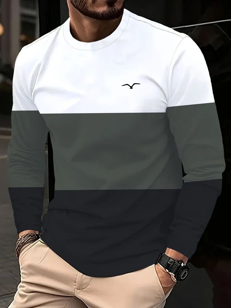 2025 New Men's Casual Long-sleeved Striped and Eagle Emblem Breathable Round-neck Long-sleeved T-shirt Multi-functional Clothing