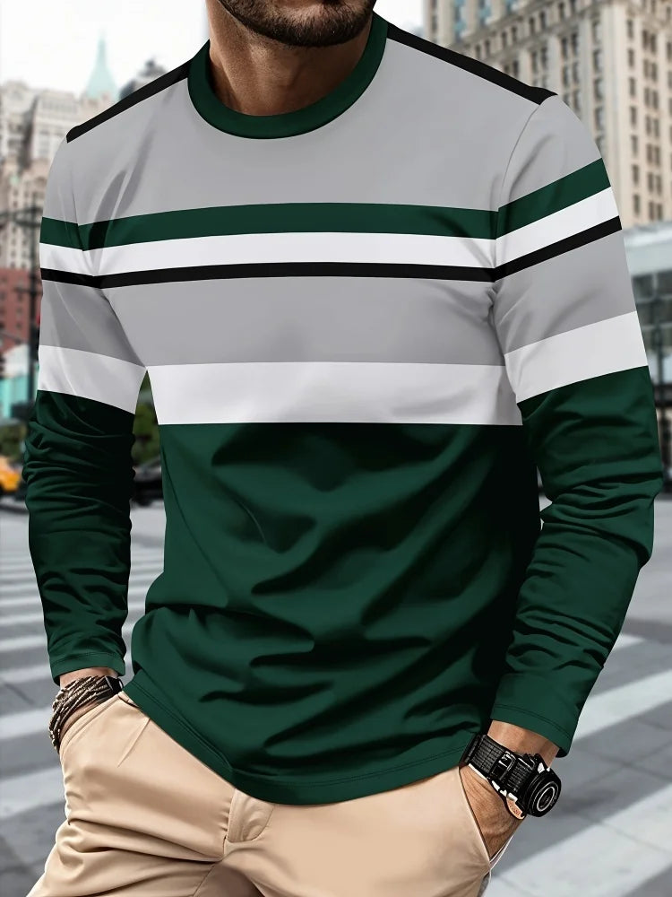 2025 New Men's Casual Long-sleeved Striped and Eagle Emblem Breathable Round-neck Long-sleeved T-shirt Multi-functional Clothing