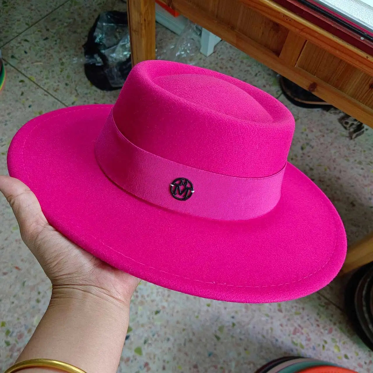 French felt hat Flat-top  Autumn and winter felt hats Letter accessories women's wide-brimmed hat sombrero fedora  sombrero