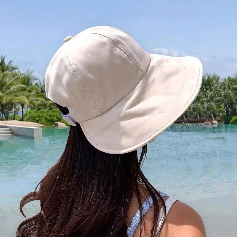Women Summer Sunhat Cotton Ponytail Bucket Hat Outdoor Beach Adjustable Sun Visor Hats Solid Color Foldable Panama Fisherman Cap