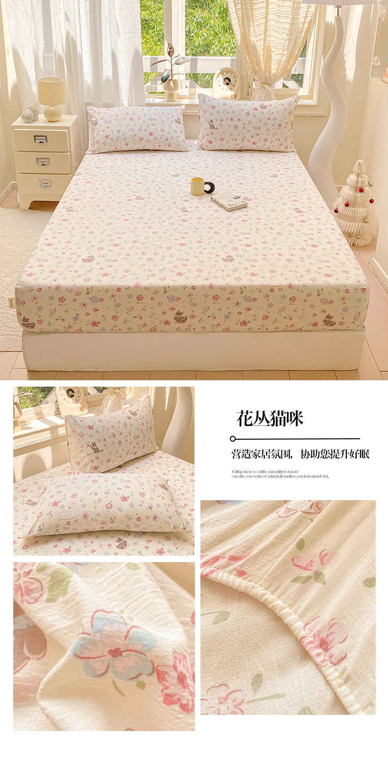 Washed Cotton Fitted Sheet with Elastic Bands Non Slip Adjustable Mattress Cover Printed  Pure Cotton  for Double King Queen