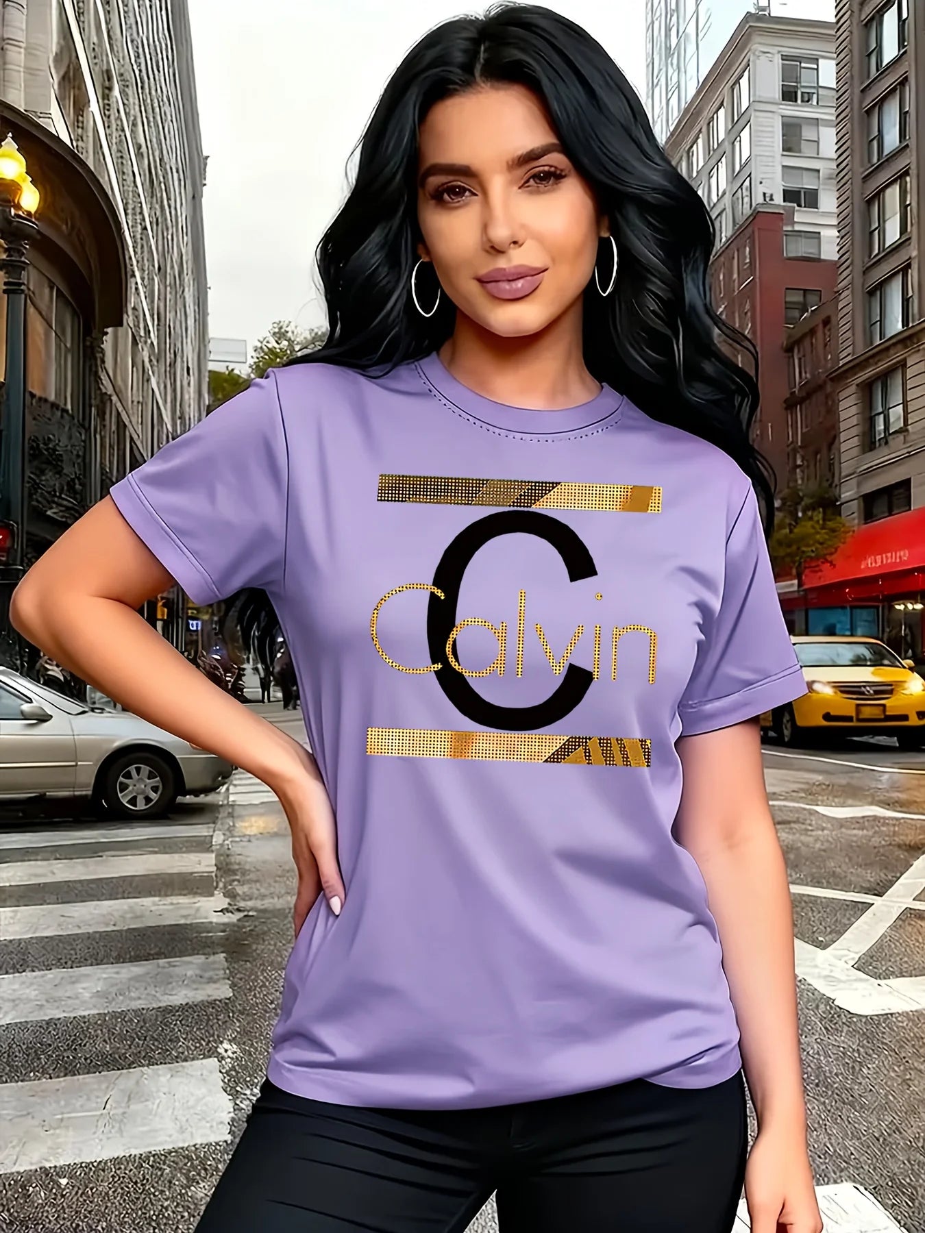 Calvin Letter Print Women's Tee - Gold Graphic Green Casual Top