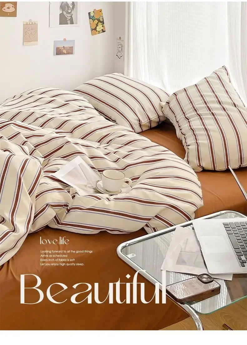 Simple Style Red And Blue Strip Duvet Cover Set Bed Sheet Set Washed Cotton Bedding Set