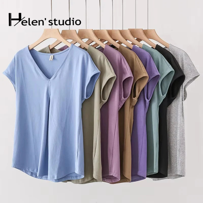 Original Fashion Casual Women Cotton T-Shirts Short Sleeve V-neck Summer Loose Big Size Women Tees Top Yellow T-shirt M30395