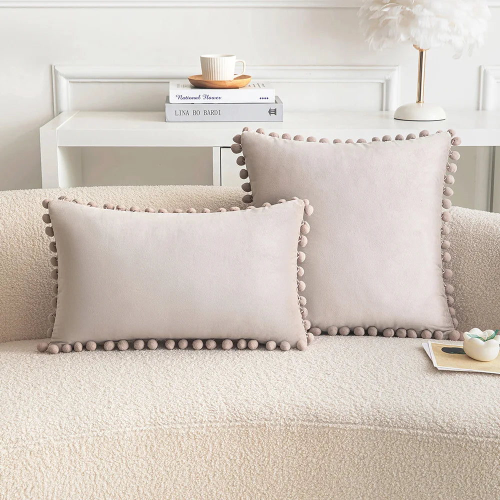Velvet Throw Pillow Cover with Cute Pompom 30x50cm 45x45cm 50x50cm European Luxury Cushion Case for Christmas Gift Pillow Cover