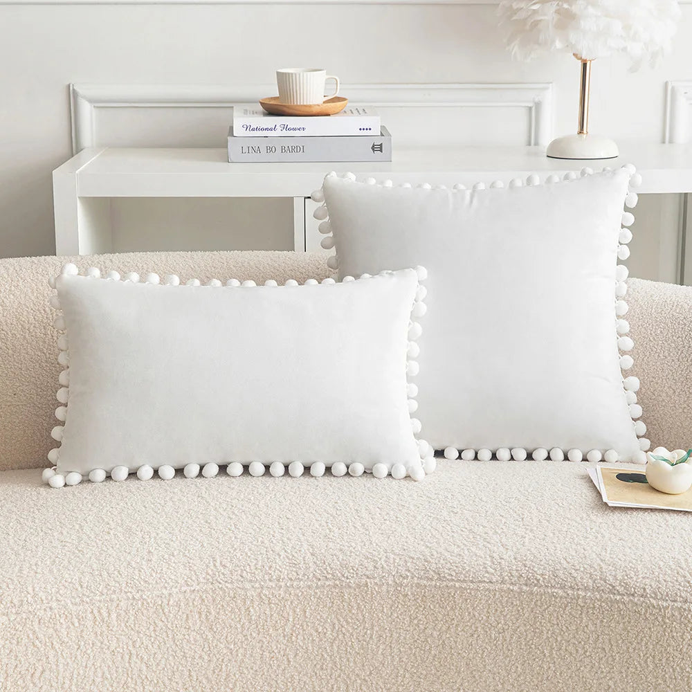 Velvet Throw Pillow Cover with Cute Pompom 30x50cm 45x45cm 50x50cm European Luxury Cushion Case for Christmas Gift Pillow Cover