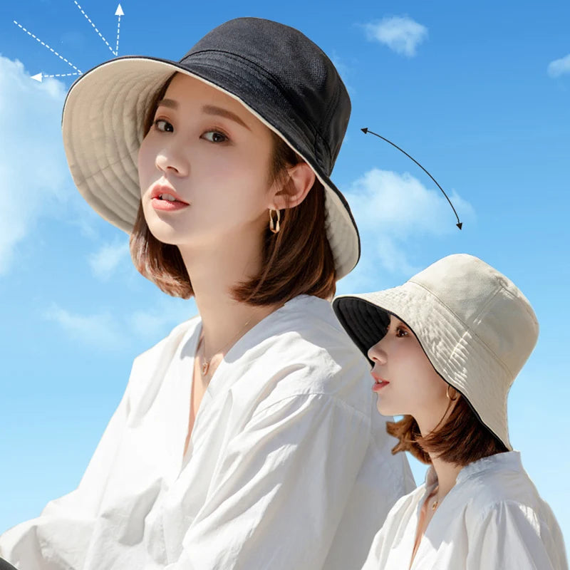 Wide Brim Women Double-sided Wear Bucket Hat Outdoor Foldable Sun Visor Panama Hats Girls Beach Travel Portable Fisherman Cap