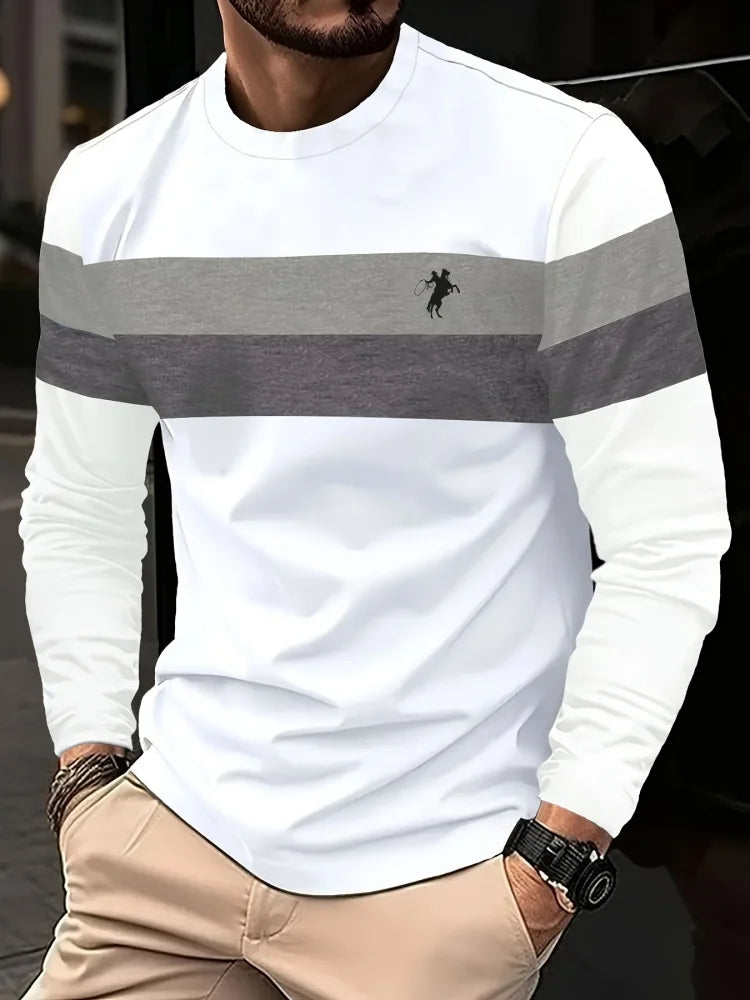 2025 New Men's Casual Long-sleeved Striped and Eagle Emblem Breathable Round-neck Long-sleeved T-shirt Multi-functional Clothing