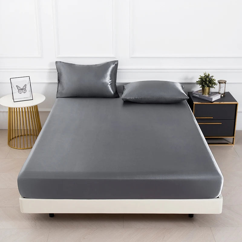3pc Solid Color Fitted Sheet Set 1 bed sheet with 2 pillow cover Satin Fabric Soft Comfortable Breathble Bedding Set for Bedroom